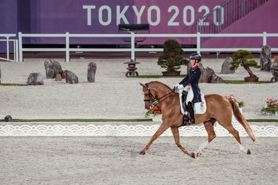 Great Britain's Charlotte Dujardin and Gio produced a fabulous test in the Grand Prix Team and Individual qualifier at the Tokyo 2020 Olympic Games in Baji Koen Equestrian Park today. Photo credit: FEI/Christophe Taniere